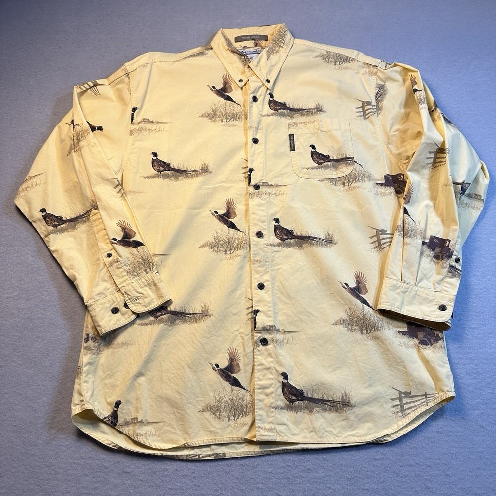Vtg Columbia River Lodge Pheasant Hunting Print Yellow Button Down Shirt Mens XL